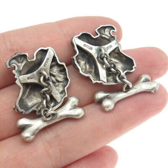 925 Sterling Silver Vintage Real Round-Cut Champagne Diamond Sheltie Cufflinks - Picture 2 of 7